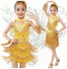 Gold yellow sequined girls kids children fringes stage performance  latin dance dresses